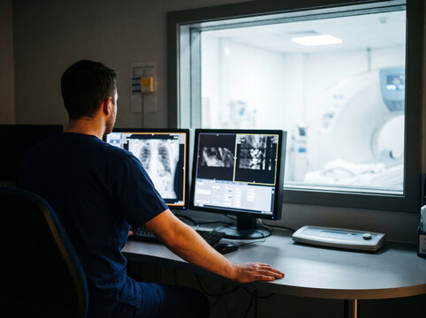 Radiographer Seated at Imaging Control Console Viewed From Behind While Operating Scanner Through Protective Window