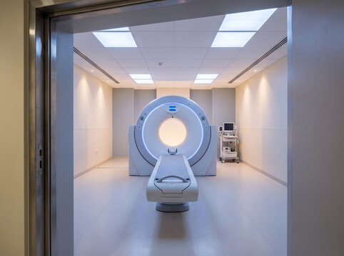 Nuclear Medicine PET Scanner Room With Ring Gantry and Cool Ambient Glow Photographed From Doorway Perspective