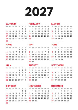 2027 calendar template - minimal black and red - week starts Sunday