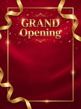 Grand opening celebration background with golden ribbons and confetti on a red velvet texture