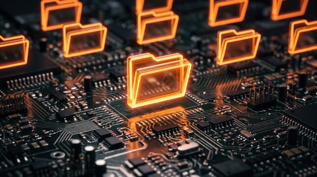 Glowing orange folder icons hovering over a computer motherboard representing digital data storage