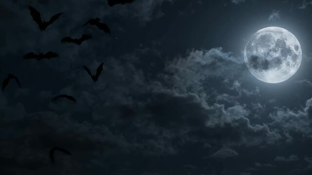 Full Moon and Bats in Cloudy Night Sky - A full moon shines brightly behind dark, drifting clouds, while silhouettes of bats fly across the sky.