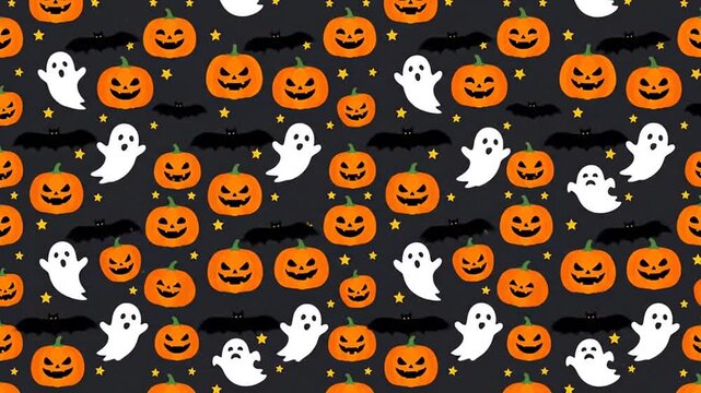 Halloween seamless pattern background with animated pumpkins and ghosts