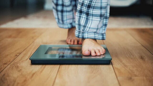 Close up person girl legs bare feet stepping onto weighing scale at home. Healthy weight awareness concept. woman weight lose standing on scales measure weight. Fitness diet BMI teen female slimming.