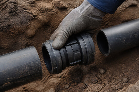 A gloved hand is holding a section of black pipe in excavated dirt.