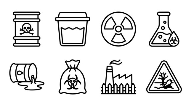Hazardous waste and pollution line icons featuring toxic barrels, chemical spills, radiation, biohazard, factory emissions and environmental damage