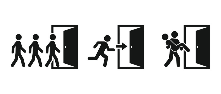 people escaping through a doorway during an emergency or urgent situation