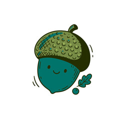 Cute cartoon acorn illustration with dark green cap and smiley face features isolated on white for autumn seasonal decoration projects and woodland theme designs. © Mr