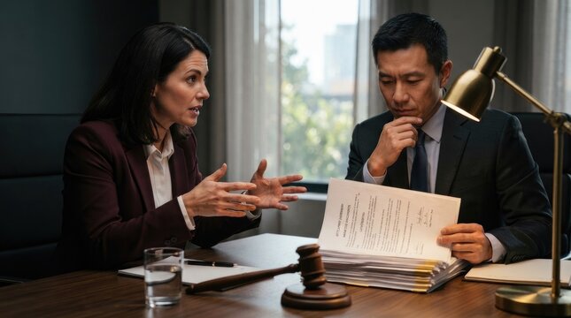 A woman and a man are intensely discussing a legal document at a modern office desk. The woman, dressed in a professional burgundy suit, gestures emphatically while speaking.