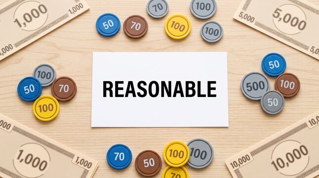 Financial concept of reasonable price or affordable budget with toy banknotes and colorful game chips arranged around a white card with text on wooden table