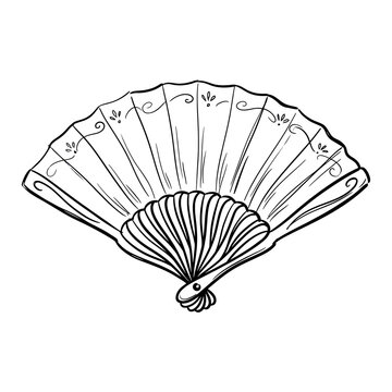Ornate hand fan hand drawn vector illustration featuring elegant lace patterns and classic ribbed design perfect for vintage styling and decorative elements.