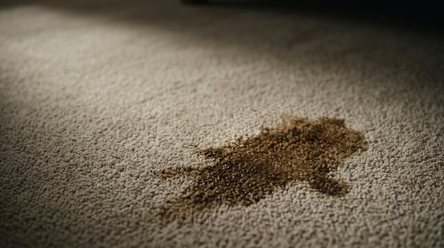 a stubborn dark coffee or liquid stain spilled on a light cream carpet floor.