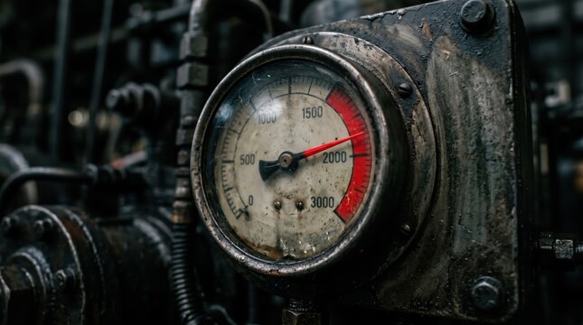 old dirty industrial pressure gauge with a red needle pointing into the hazardous danger zone.