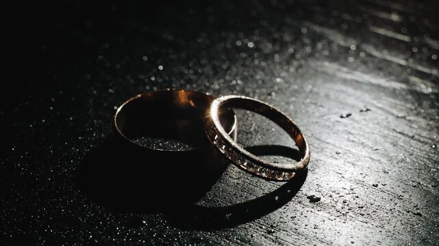 Two gold rings are lying on a wooden table. They are illuminated by dynamic light.