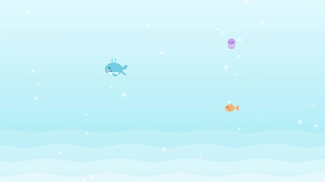 Underwater Wonderland: A whimsical underwater scene featuring a friendly blue whale, a playful orange fish, and a curious jellyfish swimming in clear blue water, surrounded by sparkling bubbles.