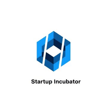 Blue geometric hexagonal logo design with abstract structural elements above Startup Incubator text, centered on a clean white background for corporate business branding identity.