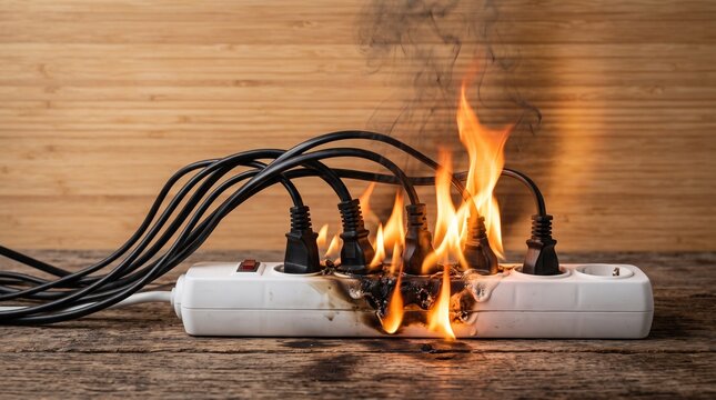 Overloaded power extension strip catching fire with electrical sparks, ideal for safety awareness and hazard concepts