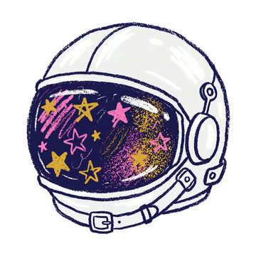 Artistic Hand Drawn Astronaut Helmet Illustration Featuring Colorful Doodle Stars and Vibrant Cosmic Texture Overlay for Creative Space Projects
