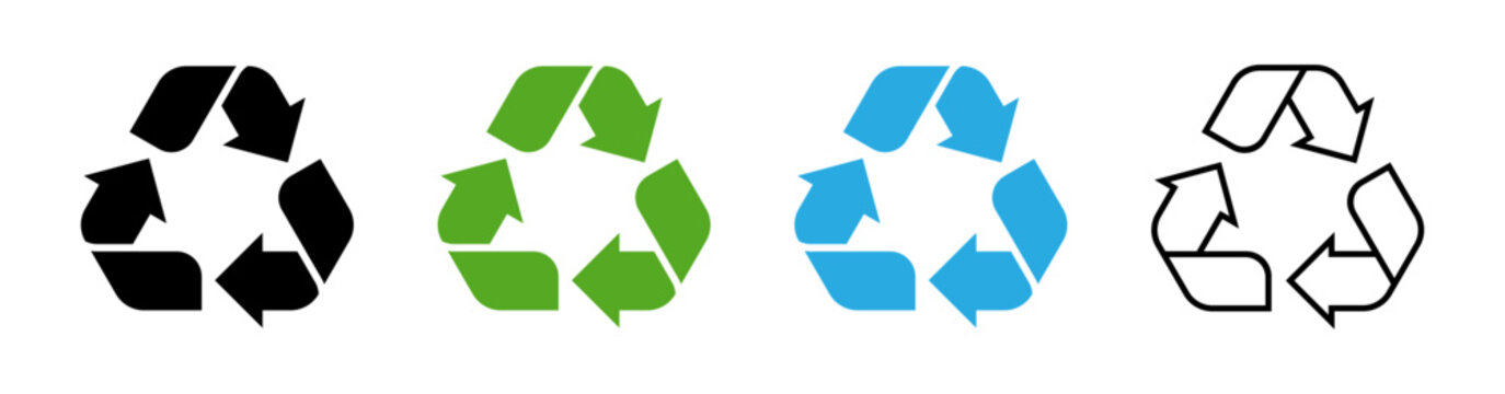 Recycle symbol icons on transparent background, SVG, PNG. Recycle vector logo with green, blue, black and black outline.