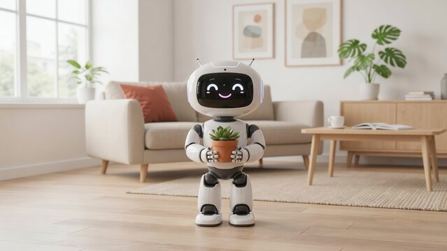 A cute white domestic robot holds a small green potted succulent plant in a modern bright living room. Represents future smart home living and technology.