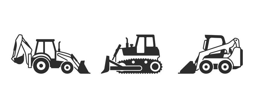 heavy construction equipment icons featuring backhoe loader bulldozer and skid steer loader isolated on transparent background
