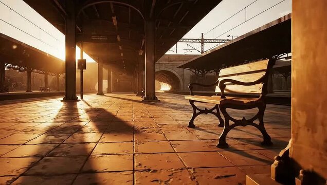 Empty railway station platform during golden sunset with old bench and vintage architecture