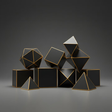 Black geometric blocks with gold edges are arranged in a still life composition cubes pyramids