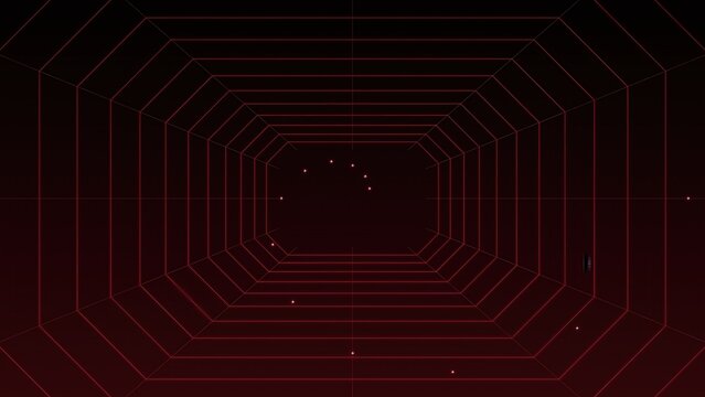 Abstract red neon wireframe tunnel design with a mysterious dark background and glowing particles
