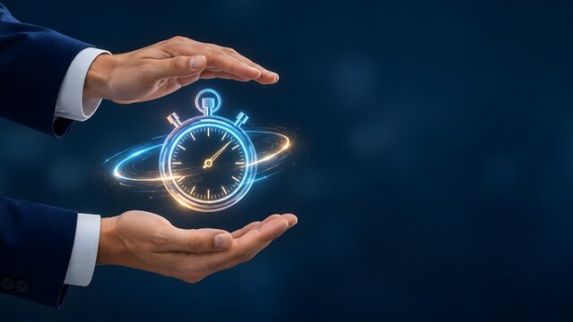 Businessman hands protecting glowing digital stopwatch hologram representing secure time management and deadline assurance