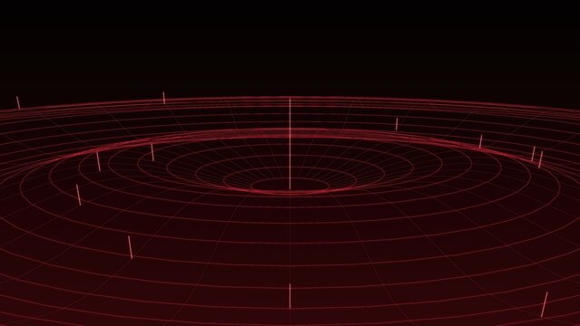 Abstract red wireframe glowing grid with concentric circles forming a deep central funnel hole