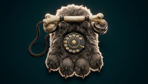 3D illustration of a surreal vintage rotary telephone shaped like a furry werewolf paw with a bone handset and sharp claws on a dark background
