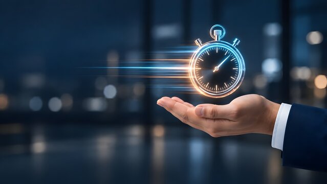 Businessman hand presenting glowing digital stopwatch hologram symbolizing speed efficiency and urgent time management
