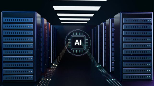 Glowing AI processor receives data in a blue server corridor