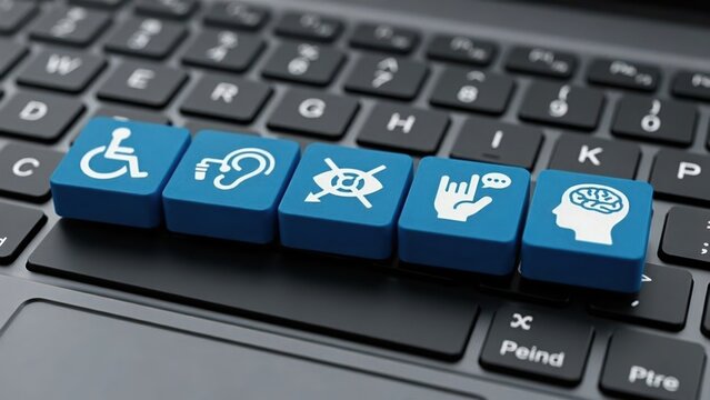 Blue accessibility keys with disability symbols placed on a black laptop keyboard. Great concept image for inclusivity, equal rights, and digital accessibility solutions.