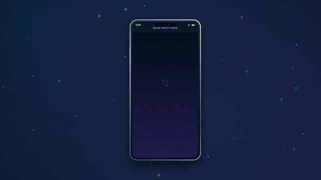 3D animation of a mobile phone performing KYC identity verification with facial recognition biometrics liveness checks and ID card scanning on a dark blue background