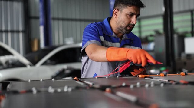 A male auto mechanic wearing insulated safety gloves uses a digital multimeter to test an electric vehicle (EV) battery in an auto repair shop.