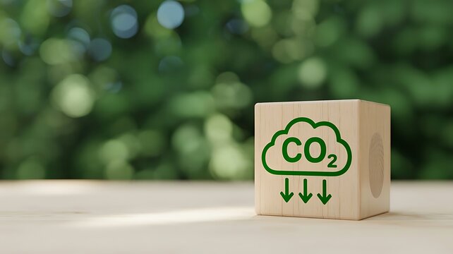 Sustainable development concept with CO2 emissions reduction icon on a wooden cube against a natural green bokeh background for climate action