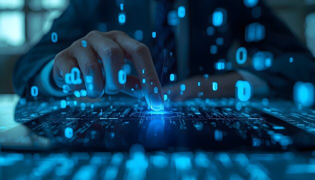 Businessman touching digital tablet screen with glowing binary numbers and data code stream representing big data processing and software development