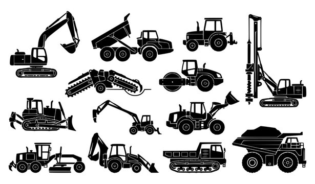 Heavy construction equipment black glyph collection featuring excavators loaders trucks trenchers and drilling machines