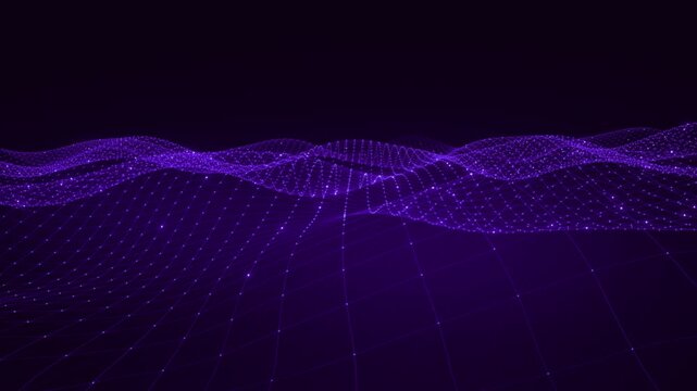 Abstract digital landscape with wave pattern made of glowing purple dots and connected lines