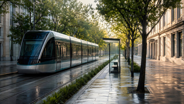 Unbranded Electric Tram on a Tree-Lined Boulevard