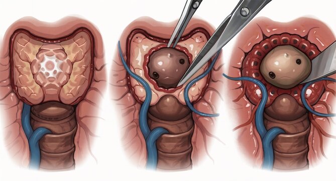 Medical Illustration of Uterine Fibroid Removal Surgery Stages
