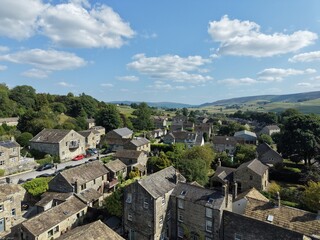 aerial view of Grassington, North Yorkshire, Yorkshire Dales National Park Famed as the fictional town of Darrowby in the TV series All Creatures Great and Small © burnstuff2003