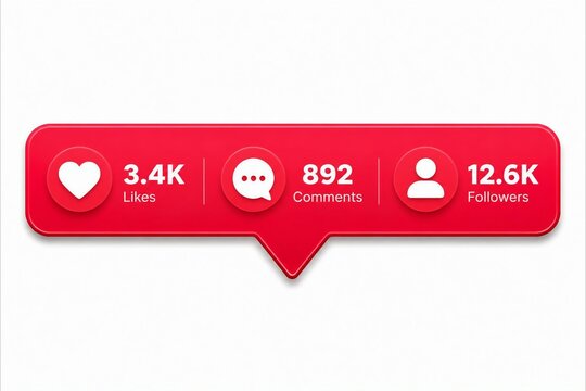 Social media engagement stats badge with likes, comments, and followers count