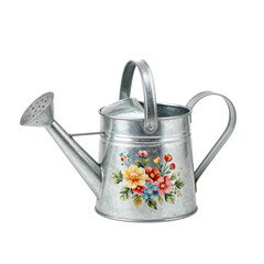 Metal watering can with floral design isolated on white background © Abi