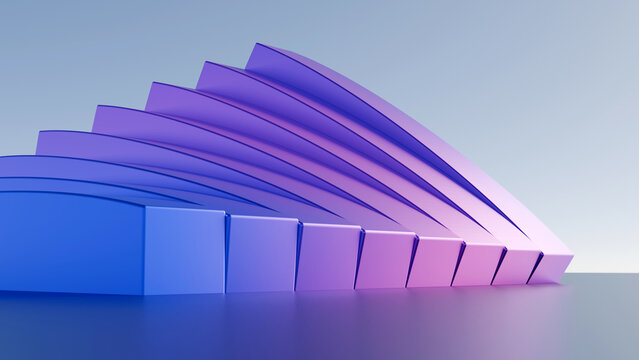 Abstract 3D purple geometric background with modern metallic stairs curve. Perfect for tech presentation, website banner, wallpaper, and digital marketing graphics