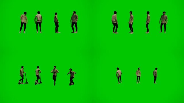 Casual crowd standing idle and talking in line on green screen background, chroma key people pack