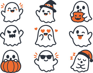 Obraz premium Cute Cartoon Ghost Character Collection With Halloween Pumpkin Icons