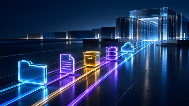 Glass digital icons sliding on illuminated track toward modern glass server building illustrating enterprise data center migration