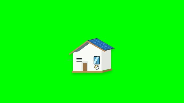 Modern 2.5D eco house icon showing sustainable architecture, energy efficiency, green roof, ventilation, and clean technology with smooth seamless motion on green screen.